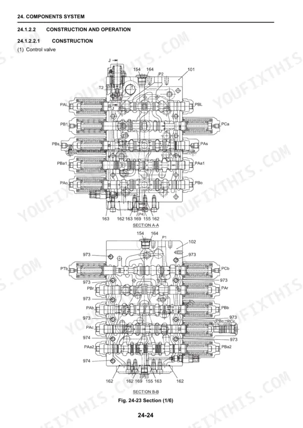 New Holland E265BJ excavator control valve cross-section views with labeled ports and numbered parts