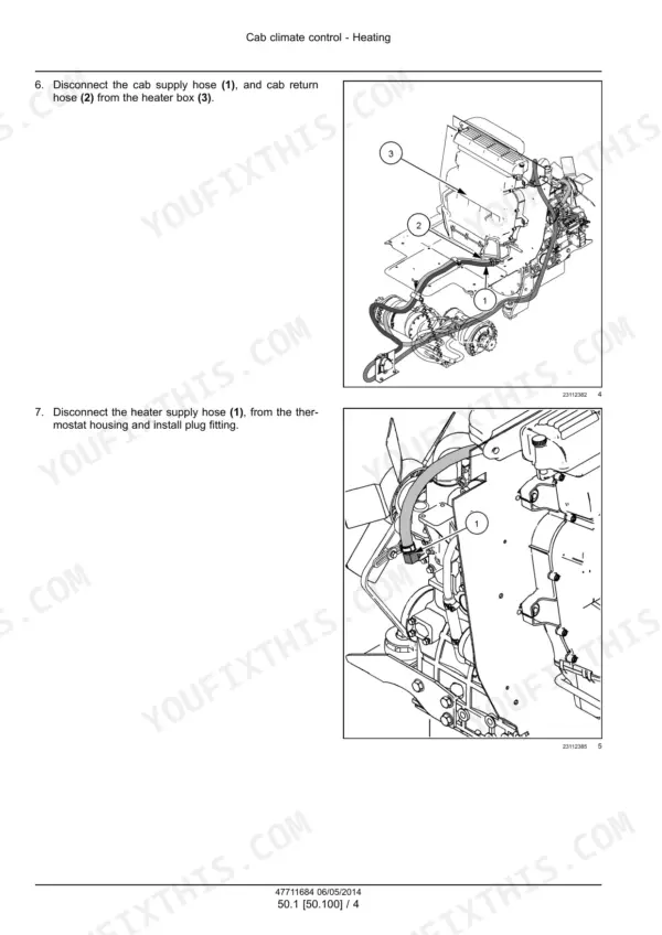 New Holland L218 and L220 skid steer engine compartment photos of heater hoses and thermostat housing hose