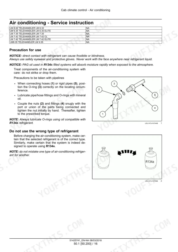 New Holland LM6.32–LM9.35 telehandler air conditioning service instructions