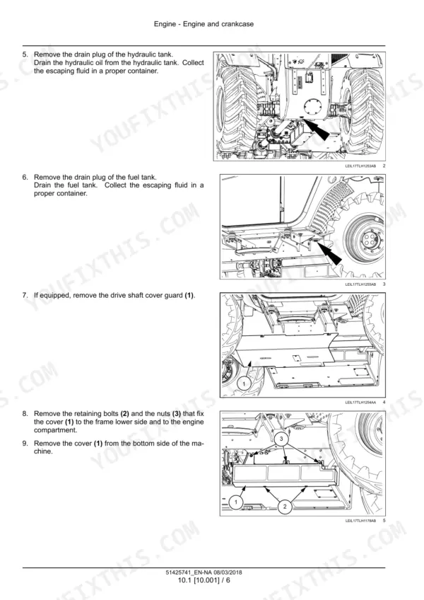 New Holland LM6.32–LM9.35 telehandler engine removal preparation, draining the hydraulic and fuel tanks