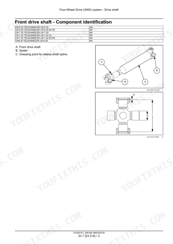 New Holland LM6.32–LM9.35 telehandler front drive shaft component identification