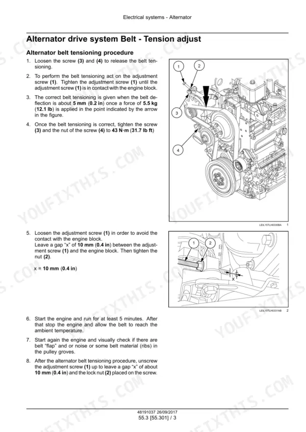 New Holland LM6.32, LM6.35, LM7.35, LM7.42, LM9.35 telescopic handler alternator drive belt tension adjustment procedure with engine photos