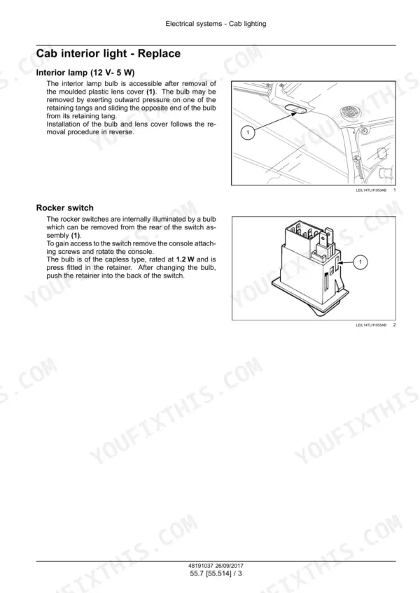 New Holland LM6.32, LM6.35, LM7.35, LM7.42, LM9.35 telescopic handler cab interior lamp and rocker switch bulb replacement