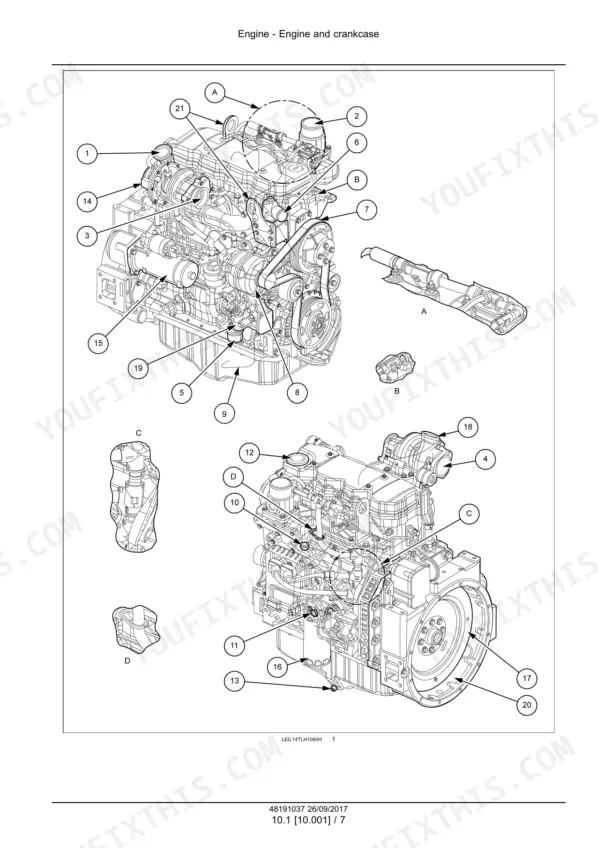 New Holland LM6.32, LM6.35, LM7.35, LM7.42, LM9.35 telescopic handler engine component locations exploded view with numbered callouts