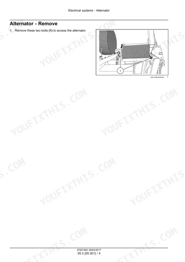 New_Holland_P2350_P3440_P3550_P4460_P4580_P4760_P4950_Service_Manual_Air_Cart_47827462.pdf-alternator-1147.webp New Holland P2350, P3440, P3550, P4460, P4580, P4760, P4950 air cart alternator access bolts removal step with callout photo