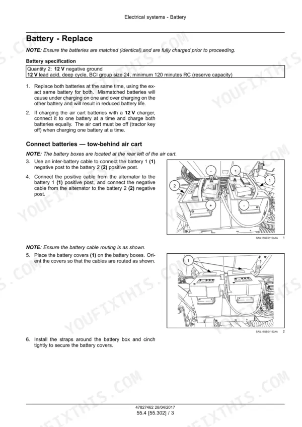 New Holland P2350, P3440, P3550, P4460, P4580, P4760, P4950 air cart battery replacement steps with battery box and cover photos
