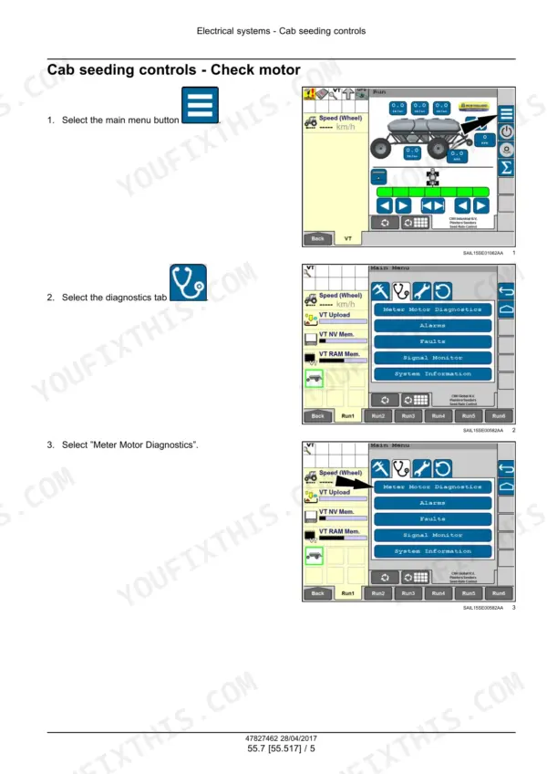 New Holland P2350, P3440, P3550, P4460, P4580, P4760, P4950 air cart cab monitor screens for meter motor diagnostics check