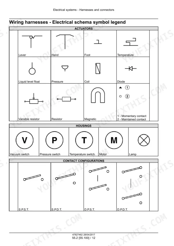 New Holland P2350, P3440, P3550, P4460, P4580, P4760, P4950 air cart electrical schematic symbol legend for actuators, housings and contacts
