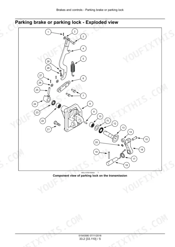 New_Holland_PowerStar_90_100_110_120_Tier_4B_Tractor_Service_Manual_51543580.pdf-brakes-and-hydraulic-systems-1204-1.webp New Holland PowerStar 90-120 tractor exploded view of parking lock lever, spring and shaft on the transmission housing