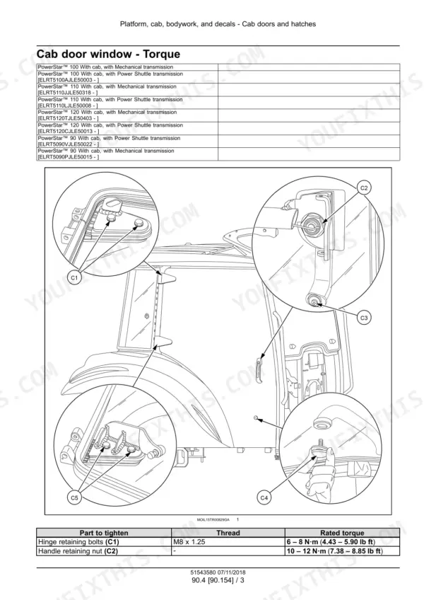 New Holland PowerStar 90-120 tractor cab door window torque points with numbered callouts
