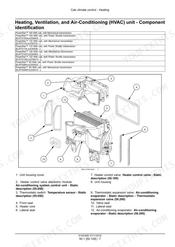 New Holland PowerStar 90-120 tractor exploded view of cab heating and air conditioning unit with heater core, seals and valves