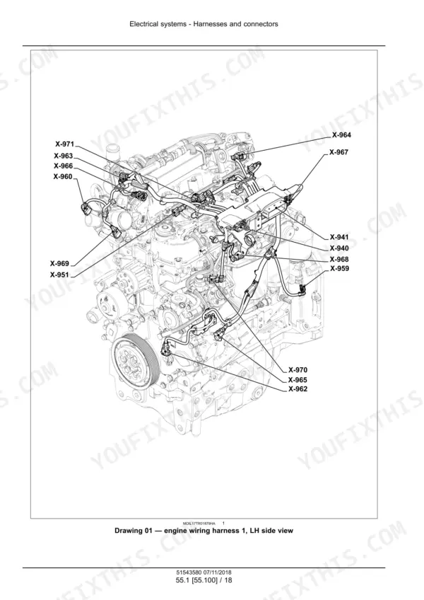 New Holland PowerStar 90-120 tractor engine wiring harness left side view with numbered connector callouts