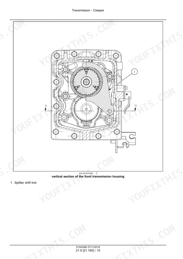 New Holland PowerStar 90-120 tractor vertical section of front transmission housing with gears and shift fork