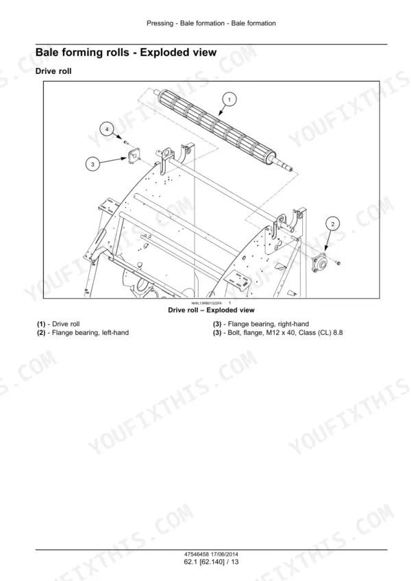 New Holland Roll-Belt 150, 180 round baler bale forming drive roll exploded view