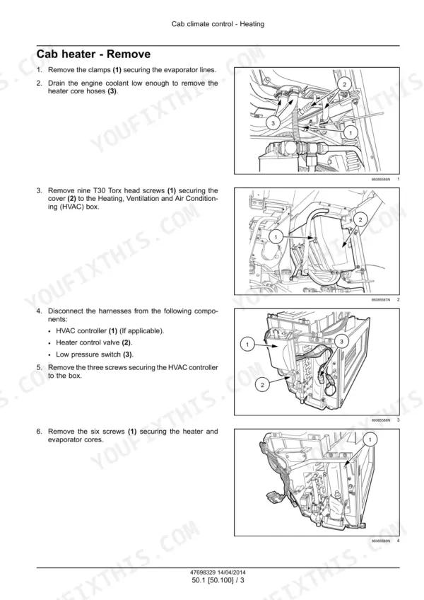 New Holland Speedrower 200, Speedrower 240 self-propelled windrower cab heater removal steps with HVAC box illustrations