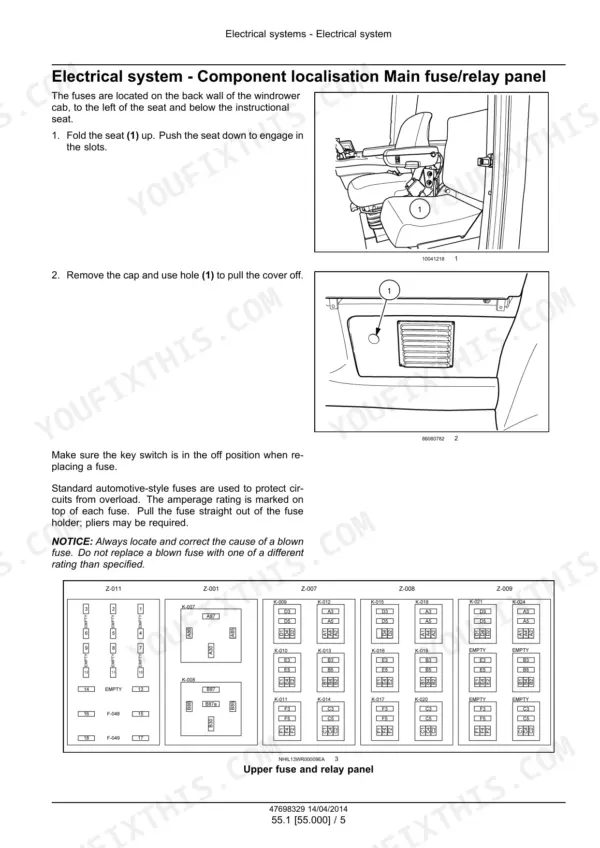 New Holland Speedrower 200, Speedrower 240 self-propelled windrower main fuse and relay panel location and fuse layout