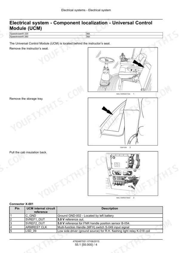 New Holland Speedrower 220, 260 windrower UCM location photos and connector pin table