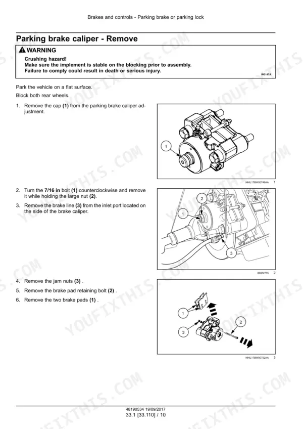 New Holland StackCruiser 102, 103, 105 bale wagon parking brake caliper removal step photos