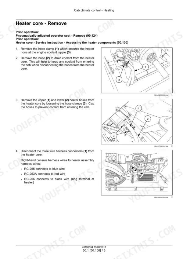 New Holland StackCruiser 102, 103, 105 bale wagon heater core removal steps with hose photos