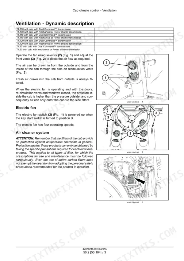 New Holland T4.90-T4.120 tractor cab ventilation page with fan selector, dash vents and filter photos