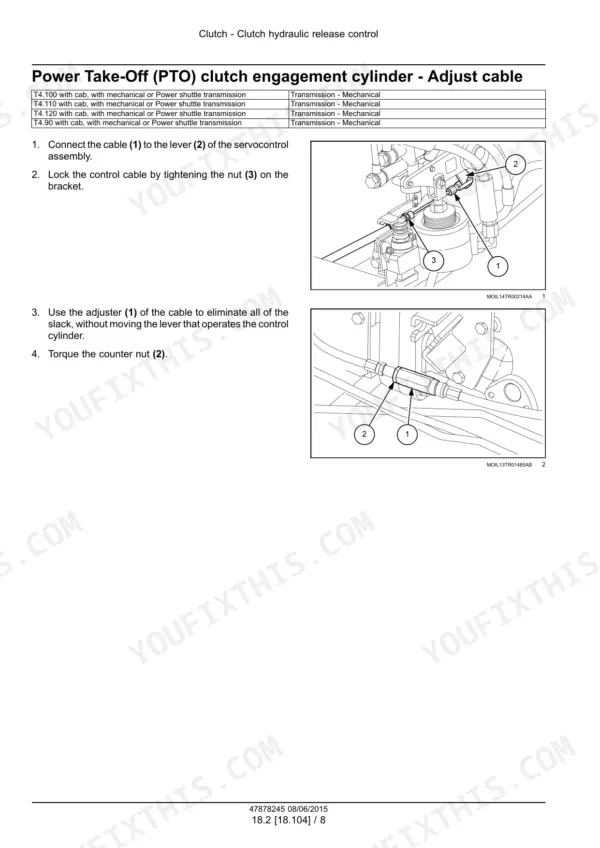 New Holland T4.90-T4.120 tractor cable adjustment steps with two photos of numbered clutch cylinder parts