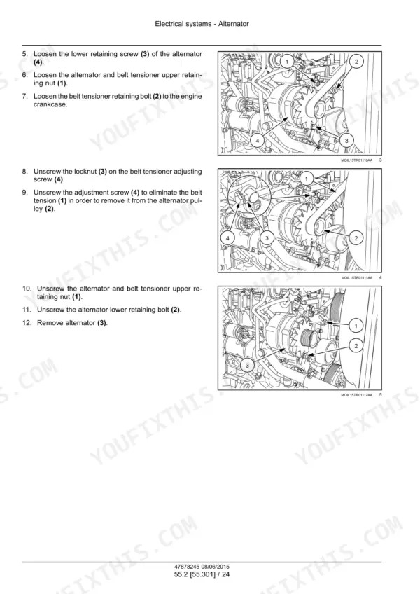 New Holland T4.90-T4.120 tractor alternator removal steps with three numbered engine bay photos