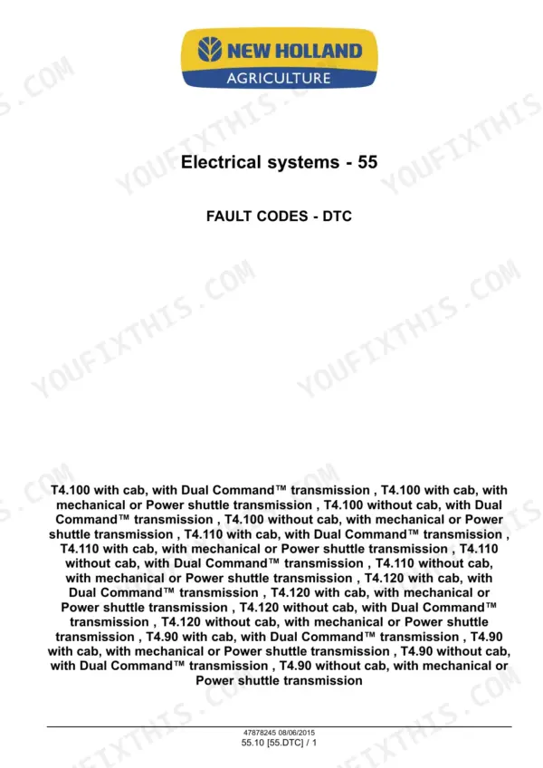 New Holland T4.90-T4.120 tractor fault codes section title page with text list of tractor variants