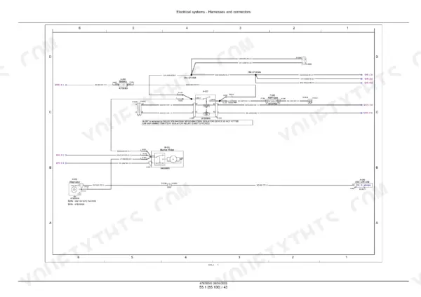 New Holland T4.90-T4.120 tractor wiring schematic of battery, starter motor, alternator and fuse connections