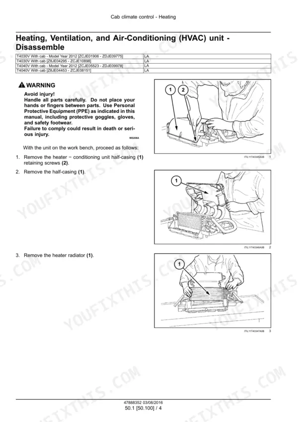 New Holland T4030V, T4040V tractor HVAC unit disassembly procedure