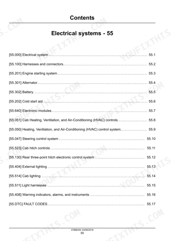 New Holland T4030V, T4040V tractor electrical systems section contents