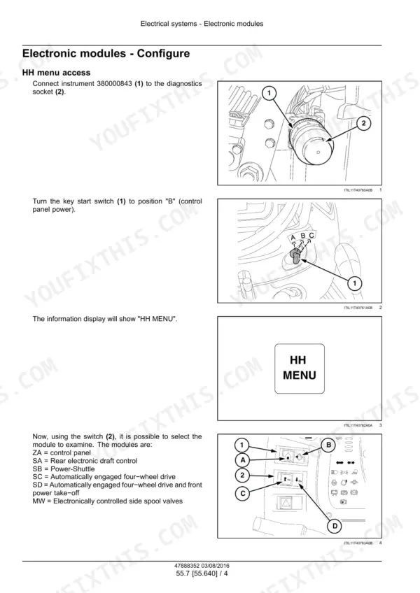 New Holland T4030V, T4040V tractor electronic module configuration with diagnostic instrument