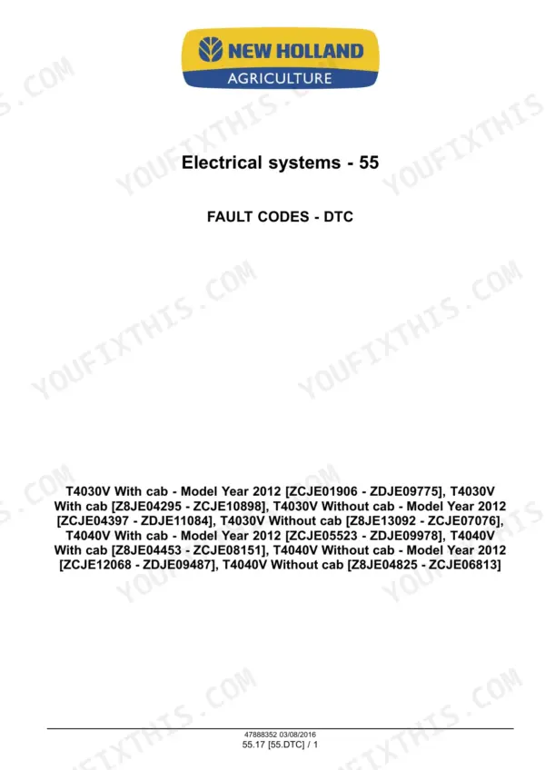 New Holland T4030V, T4040V tractor fault codes DTC section page