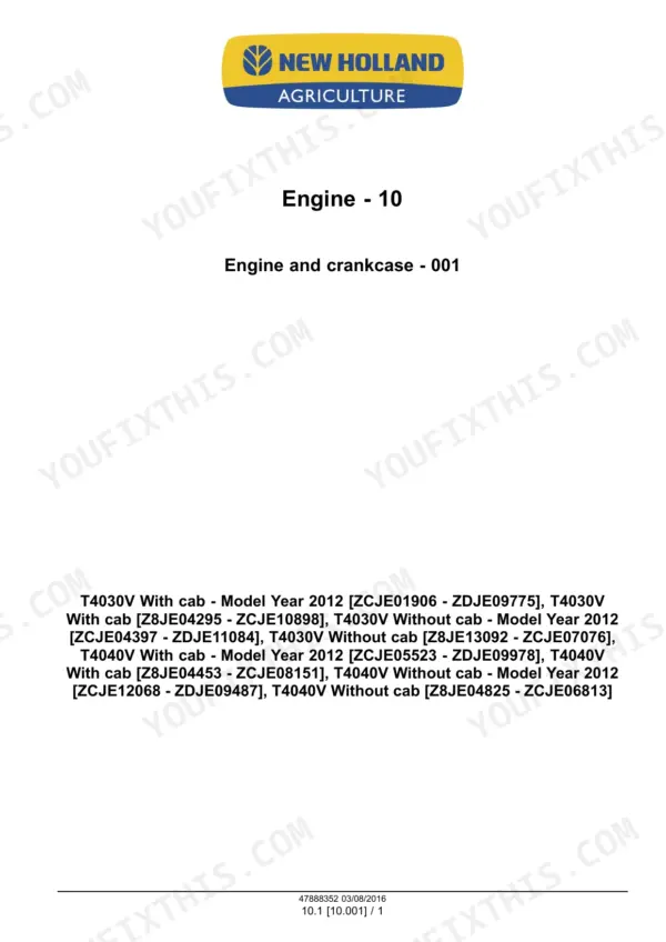 New Holland T4030V, T4040V tractor engine and crankcase section page