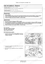 New Holland T5.90–T5.120 tractor cab removal steps with warning boxes and photos of air conditioning connectors and lines