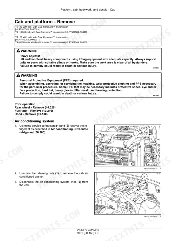 New Holland T5.90–T5.120 tractor cab removal steps with warning boxes and photos of air conditioning connectors and lines