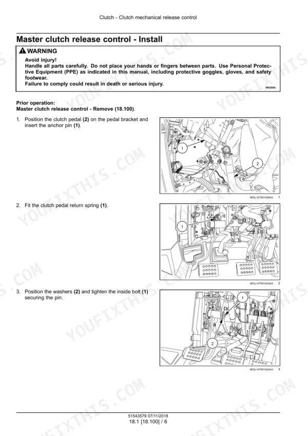 New Holland T5.90–T5.120 tractor clutch pedal installation steps with warning box and photos of pedal, spring and bolt