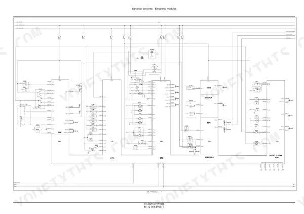 New Holland T5.90–T5.120 tractor electrical schematic with controller blocks, switches, fuses and wiring lines across the page