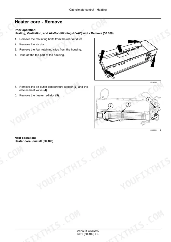 New Holland T6.125, T6.145, T6.155, T6.165, T6.175, T6.180 tractor heater core removal steps with housing and radiator photos