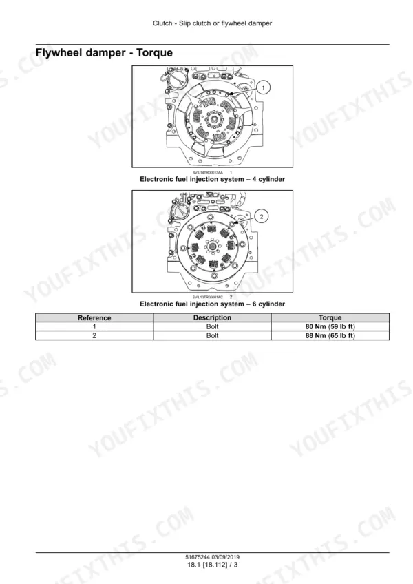 New Holland T6.125, T6.145, T6.155, T6.165, T6.175, T6.180 tractor flywheel damper bolt torque table with engine photos