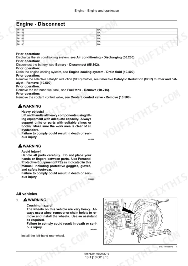 New Holland T6.125, T6.145, T6.155, T6.165, T6.175, T6.180 tractor engine disconnect procedure with safety warnings and wheel installation photo