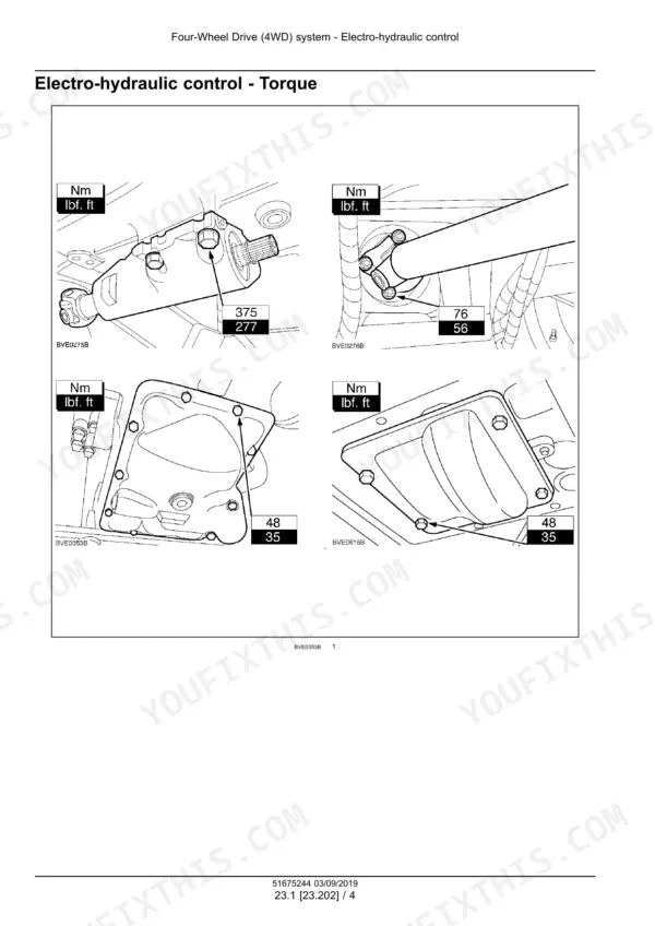 New Holland T6.125, T6.145, T6.155, T6.165, T6.175, T6.180 tractor four-wheel drive driveshaft and housing bolt torque values with photos