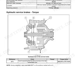 New Holland T7.240, T7.245, T7.260 tractor hydraulic service brake specifications and sectional view with torque table