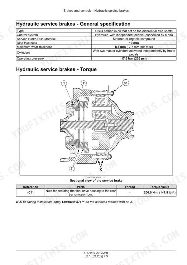 New_Holland_T7.240_T7.245_T7.260_Service_Manual_Tractor_47770440.pdf-brakes-and-controls-597.webp New Holland T7.240, T7.245, T7.260 tractor hydraulic service brake specifications and sectional view with torque table