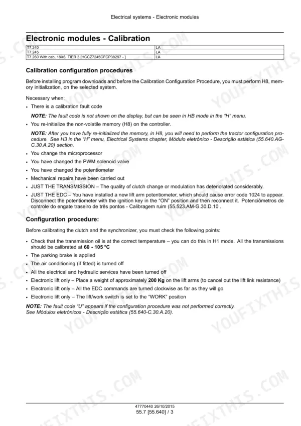 New Holland T7.240, T7.245, T7.260 tractor electronic modules calibration procedure and preconditions