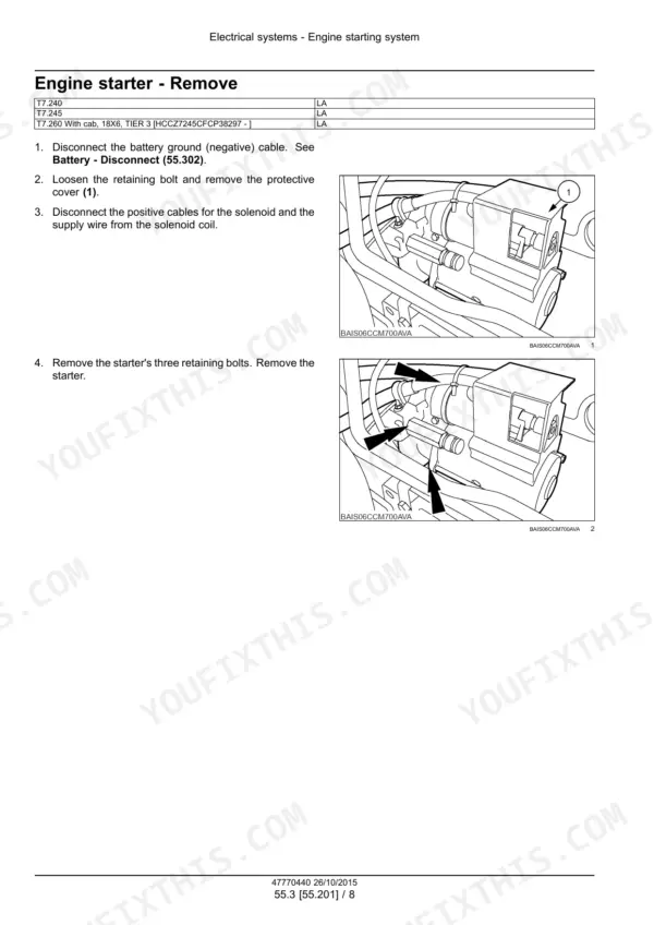New Holland T7.240, T7.245, T7.260 tractor engine starter removal procedure with solenoid photos
