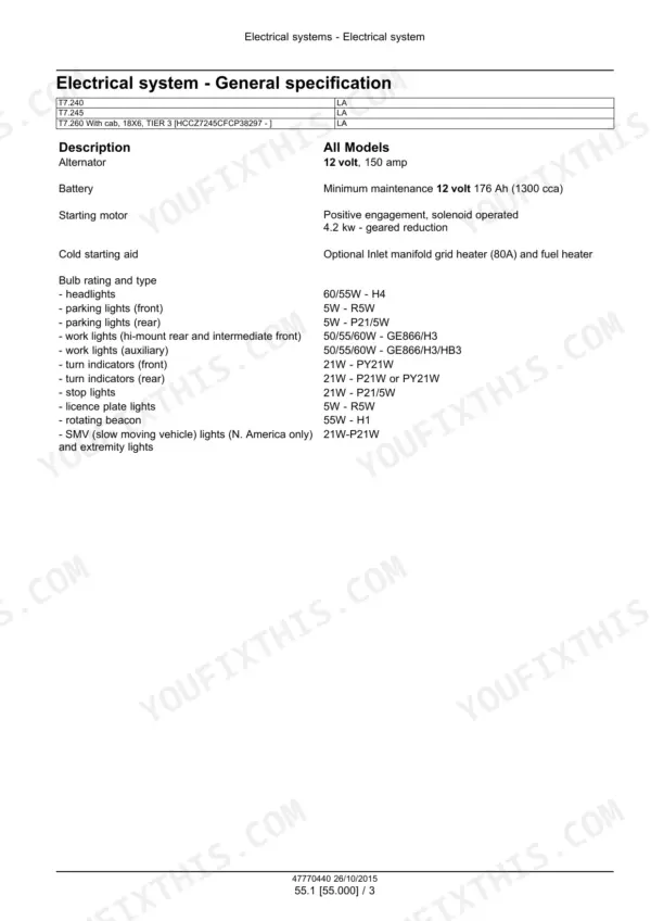 New Holland T7.240, T7.245, T7.260 tractor electrical system general specification table with bulb ratings