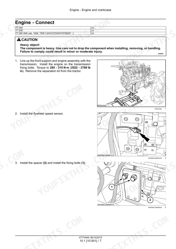 New Holland T7.240, T7.245, T7.260 tractor engine connection to transmission with torque and sensor installation photos