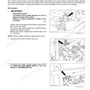 New Holland T7.290, T7.315 tractor brake system bleeding procedure with pressure warning and hose connection photos