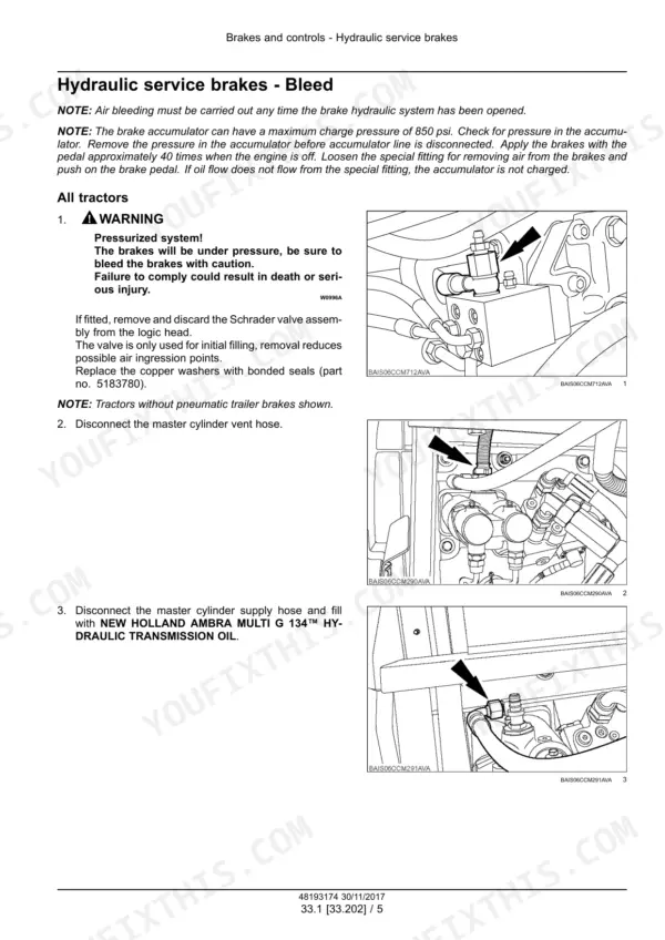 New_Holland_T7.290_T7.315_AutoCommand_Tier_4B_Finals_Service_Manual_Tractor_48193174.pdf-brakes-and-controls-884.webp New Holland T7.290, T7.315 tractor brake system bleeding procedure with pressure warning and hose connection photos