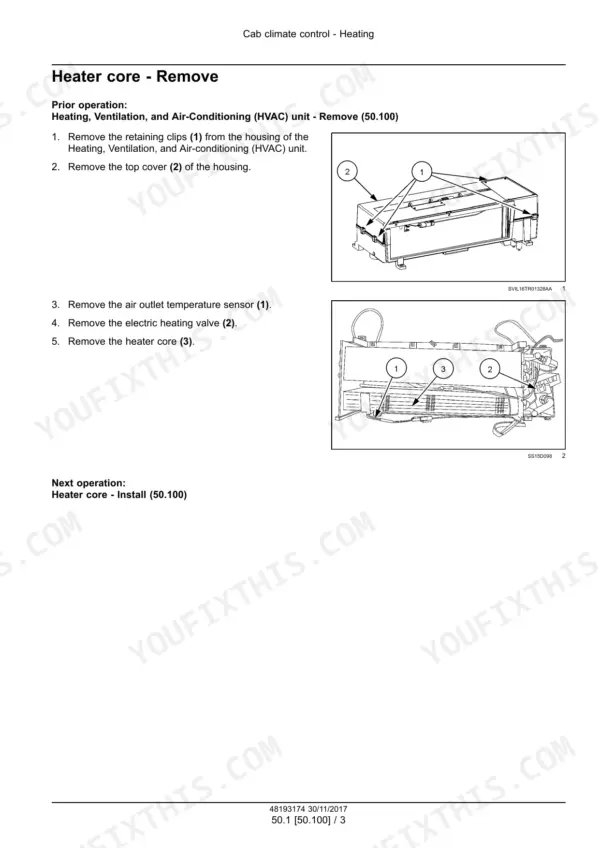 New Holland T7.290, T7.315 tractor heater core removal steps with housing and radiator photos